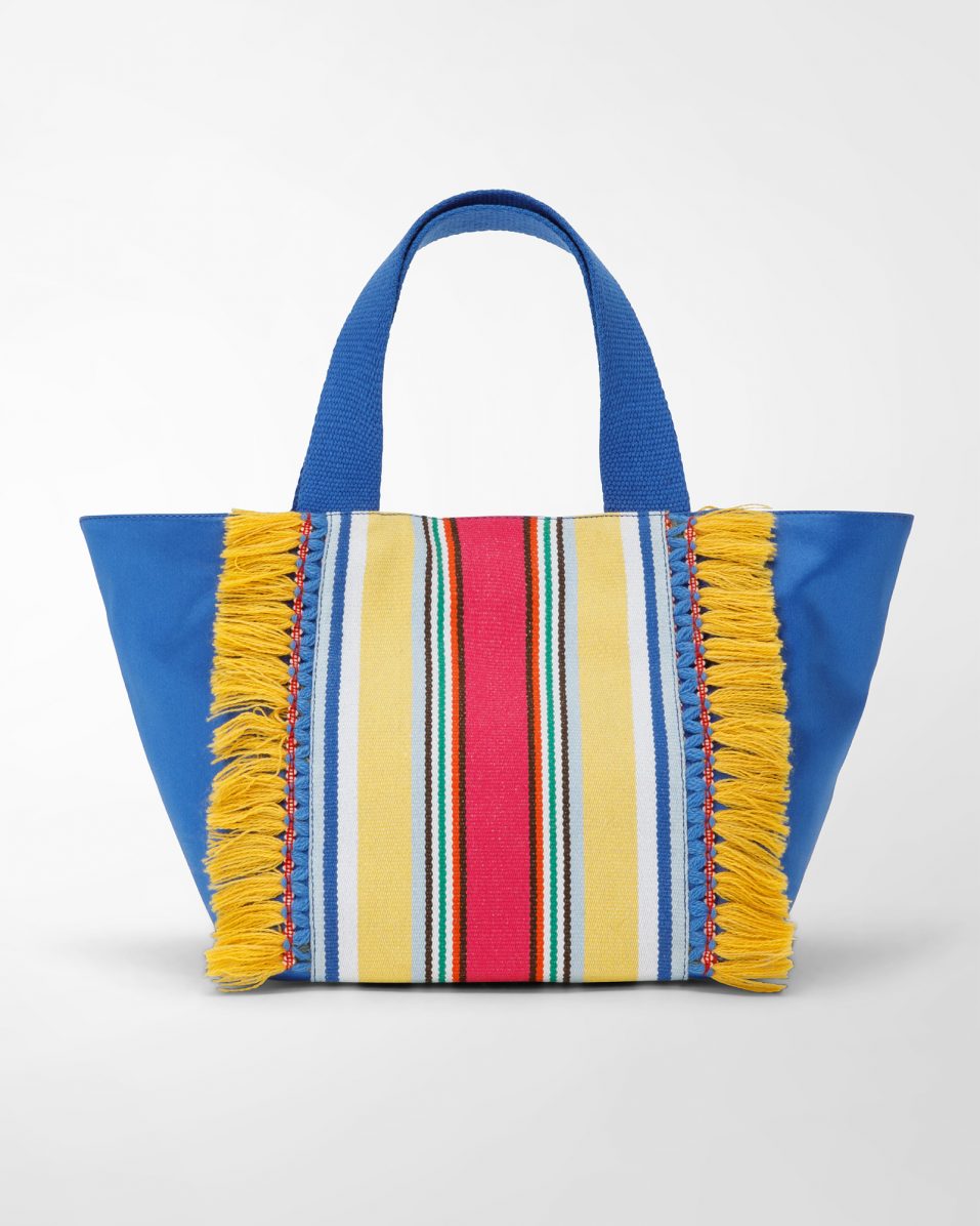 QUERINI-SANTORINI handbag shopper bag “Santorini” stripe cotton fabric + blue calf leather