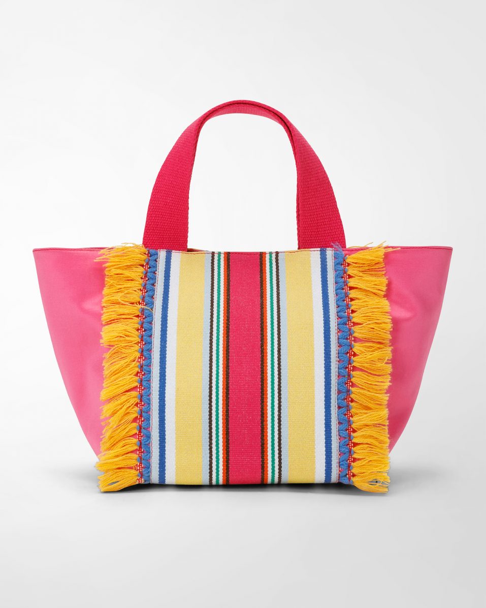 QUERINI-SANTORINI handbag shopper bag “Santorini” stripe cotton fabric + pink calf leather